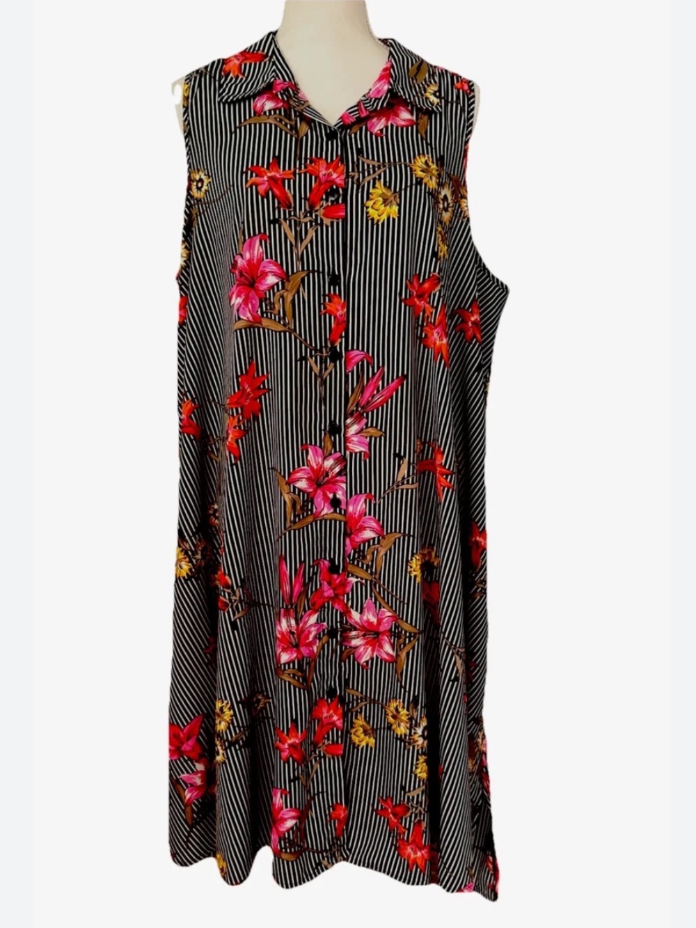 Mlle Gabrielle Black Pinstripe Button Dress with Pink, Red & Yellow Floral Print